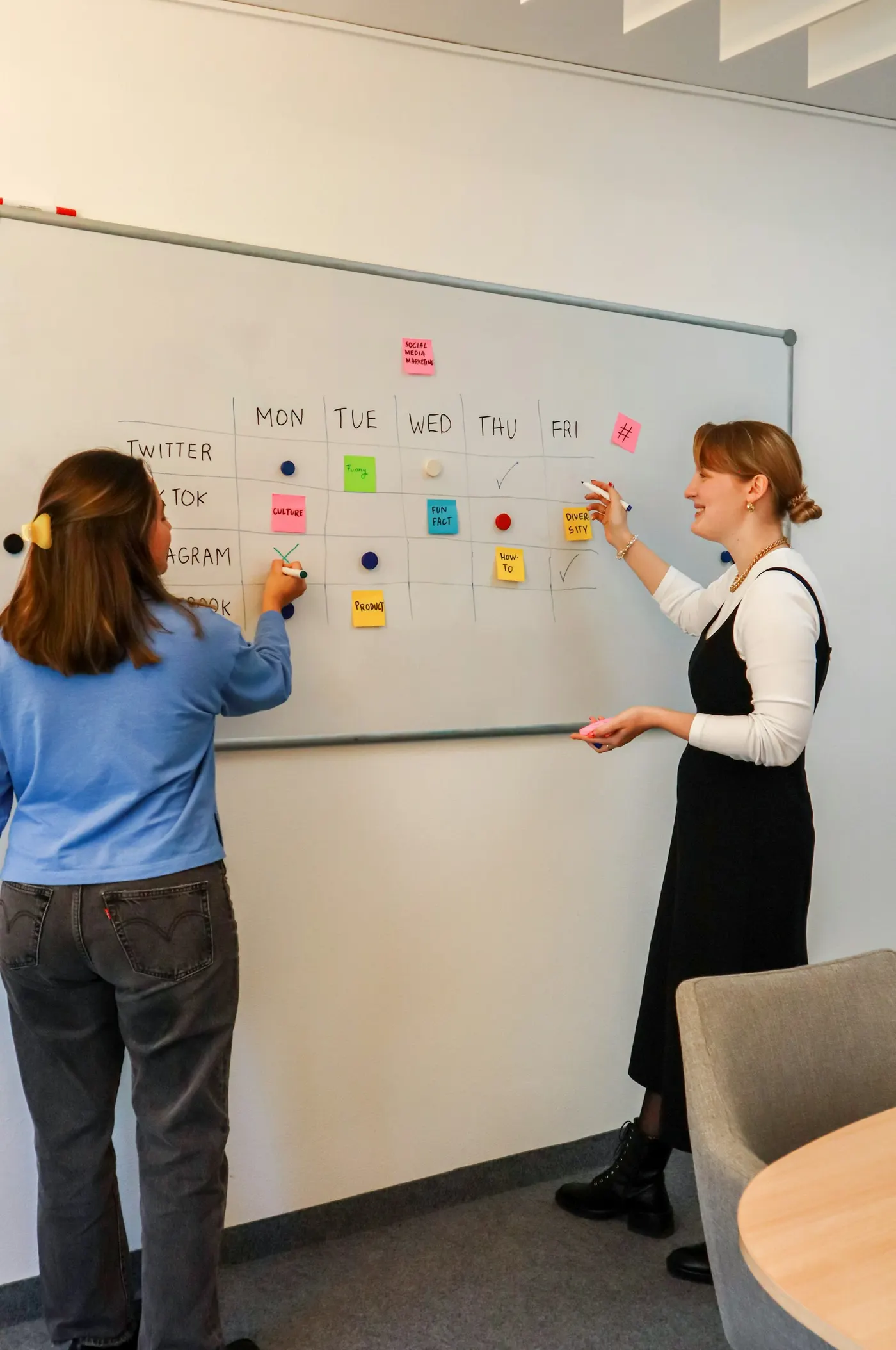 Two colleagues planning with sticky notes on a whiteboard